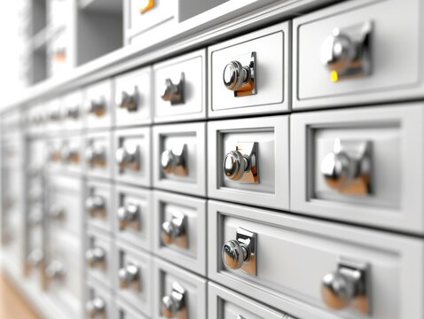 A row of drawers with many different knobs. Generative AI.