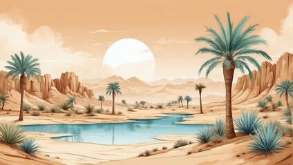 Fototapeta na wymiar Desert oasis background vector. Minimal oasis art with watercolor brush and golden line art texture. Abstract art wallpaper for prints, Art Decoration, wall arts, and canvas prints.