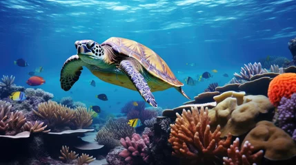 Fotobehang a green sea turtle swimming under a coral reef © kiatipol