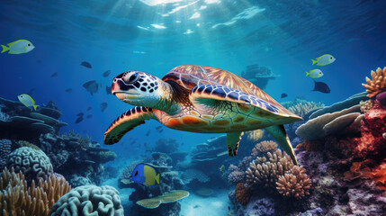 a green sea turtle swimming under a coral reef