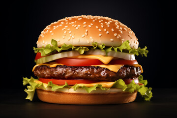 hamburger with cheese, beef, lettuce, tomato, onion, and sesame seeds on Black background 