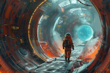 A man in a protective astronaut suit stands near the entrance to the portal. Blue plasma glow. Cosmic travels. Entry into game design. Space station module.