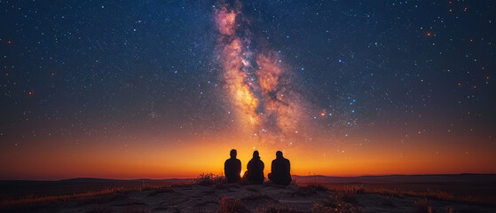 Three people observing the Milky Way on a desert hill at twilight. Stargazing and cosmic wonder concept. Design for poster, wallpaper, and educational material.