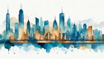 City skyline vector. Minimal urban art with watercolor brush and golden line art texture. Abstract art wallpaper for prints, Art Decoration, wall arts, and canvas prints. 