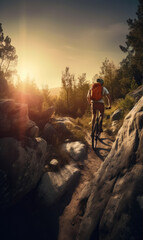 Fototapeta premium Man riding mountain bike in the forest at sunset