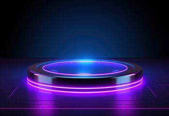 Podium round purple blue neon light futuristic platform teleport tech cyber graphic on dark background.