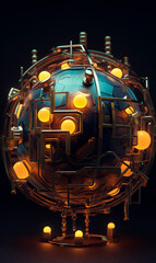 Futuristic globe with network of gold pipes and luminous nodes