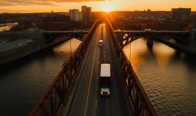 Semi trucks driving across bridge at sunset - obrazy, fototapety, plakaty