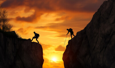 Two men climbing on the mountains at sunset