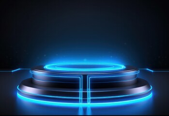 Round podium blue neon light futuristic platform sparkle tech cyber graphic for present product on dark background.