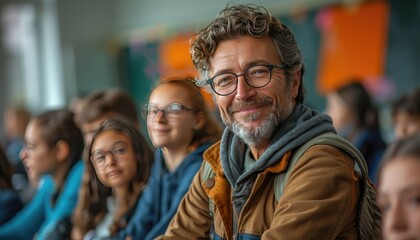 Fototapeta premium A middle-aged teacher in a school classroom teaching students. American style of teaching. Friendly atmosphere