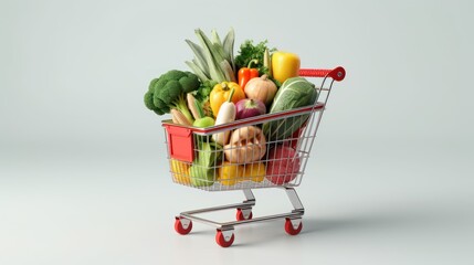 Shopping cart full of fresh groceries, isolated on color background.