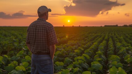 Fototapeta premium Farmer guy walk through vegetables at sunset. Agronomist work in open field. Agriculture of organic crops. Man watch at his green land plants. Growing food at plantation. Healthy eco products concept.
