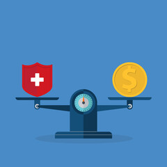Medical cross and dollar coin on scales. Expensive health insurance concept.	