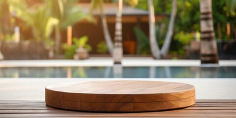 Wood round podium on wood floor and pool palm coconut tree resort hotel tropical background