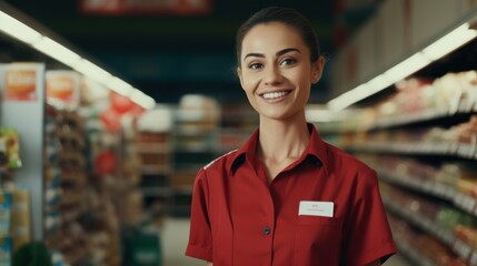 A smiling young female stood in front of the counter with her arms crossed, a supermarket worker, looking at the camera.