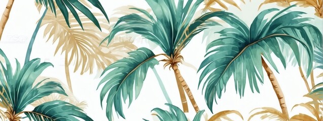 Tropical palm tree vector. Minimal palm art with watercolor brush and golden line art texture. Abstract art wallpaper for prints, Art Decoration, wall arts, and canvas prints. - obrazy, fototapety, plakaty