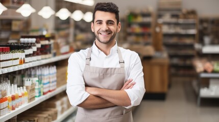 A smiling young male stood in front of the counter with her arms crossed, a supermarket worker, looking at the camera. - obrazy, fototapety, plakaty