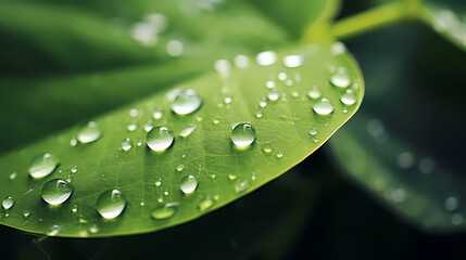 Large beautiful transparent raindrops on green leaves macro