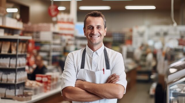 A smiling young male stood in front of the counter with her arms crossed, a supermarket worker, looking at the camera.
