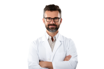 A young male medical doctor wear doctors uniform and stethoscope isolated on transparent background.