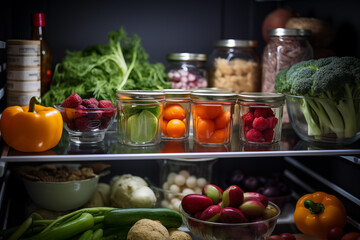 Nutritious Meals backdrop, vegetables. Refrigerator with food. Veganism, vegetarianism. Healthy Eating.