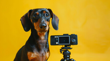 Famous obedient dachshund blogger sits at the table. - obrazy, fototapety, plakaty