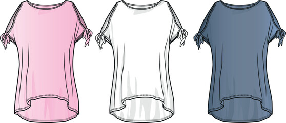 T SHIRT Design Vector Flat sketch, Technical Drawing. Summer collection for Fashion Designers, black white and colorful blank design tshirt template.