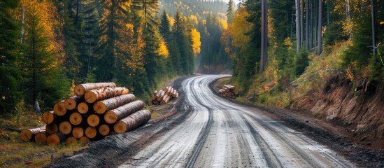 Prepared logs of spruce trees are stacked, ready for removal from the forest along a road in the...