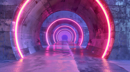 Fantasy concrete tunnel building with glowing neon.
