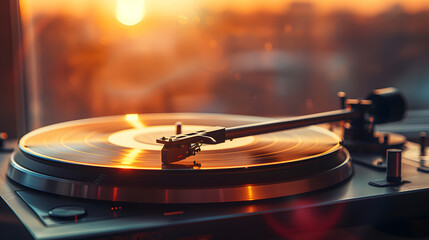 A record player with a vinyl record on top of it. The sun is shining through the window behind the...
