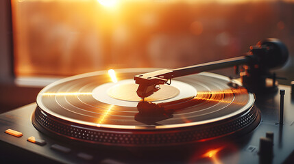 A record player with a vinyl record on top of it. The sun is shining through the window behind the player.