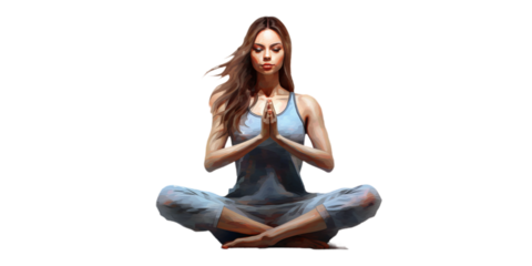 A beautiful young woman doing yoga practice and meditation isolated on transparent background.