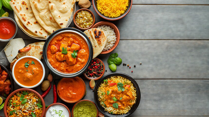 Assorted Indian delicacies beautifully arranged on a light wood background