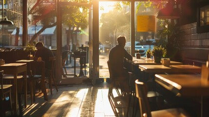 Obraz na płótnie Canvas Coffee break in a sun-drenched urban cafe