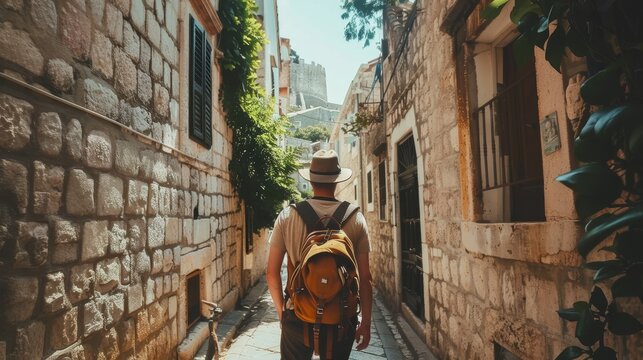 Fototapeta Solo traveler exploring an ancient city's narrow streets