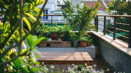 Urban Rooftop Garden with Potted Plants & Bench AI Generated.