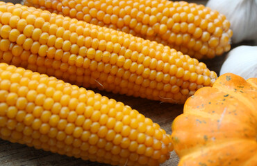 Ripe Vegetables And Corn On Cutting Board Closeup View  