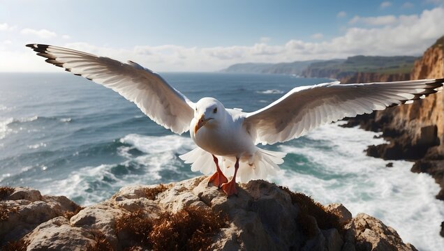 Crystal-clear image, 8K, coastal cliffside view, close-up of a majestic seagull soaring gracefully against the backdrop of crashing waves and rugged terrain, with impeccable lighting. generative AI
