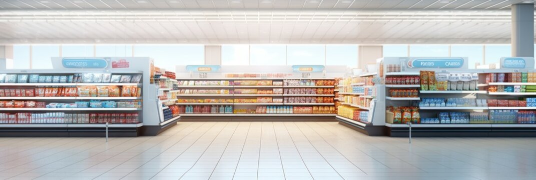 supermarket aisle with products on the colorful shelves.