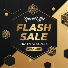 Flash Sale With Golden Font And Black Banner With Discount Up to 70% off . Special Offer. Vector illustration. Flash Sale banner template design for social media and website.