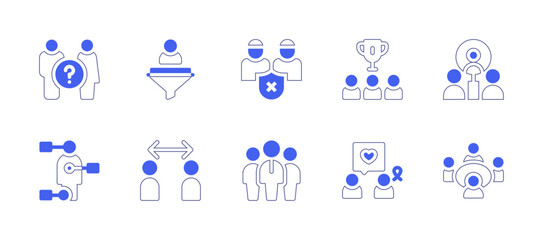 People icon set. Duotone style line stroke and bold. Vector illustration. Containing filter, winner, lgtbi, best employee, friendship, social distancing, no discrimination, infographic, meeting, team.