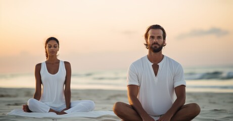 Fototapeta premium Serene yoga session on a beach at dawn, medium shot with a calm sea backdrop.