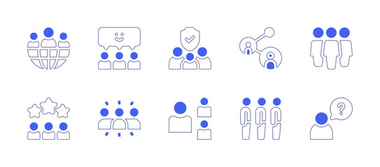 People icon set. Duotone style line stroke and bold. Vector illustration. Containing world, group, family, connect, happy, team, question, queue.
