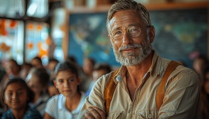 A middle-aged teacher in a school classroom teaching students. American style of teaching. Friendly atmosphere