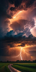 Lightning during a thunderstorm on a sunset background