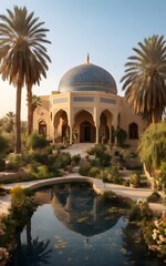 Obraz premium A Beautiful islamic farmhouse in Iraq. The house has islamic design and islamic engraving. it has a big garden filled with flowers, trees and palms, and it has small lake of fishes ,golden hour