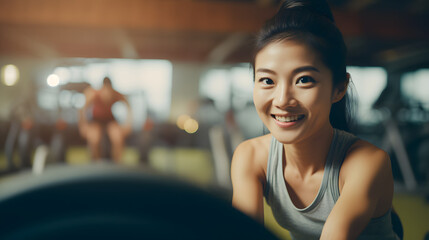 Fototapeta premium Young Asian Woman Using Ab Wheel on Yoga Mat.