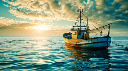 Fishing boat on the water with blue sky in the background.