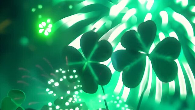 St Patricks Day celebration with neon clover leaf and green fireworks